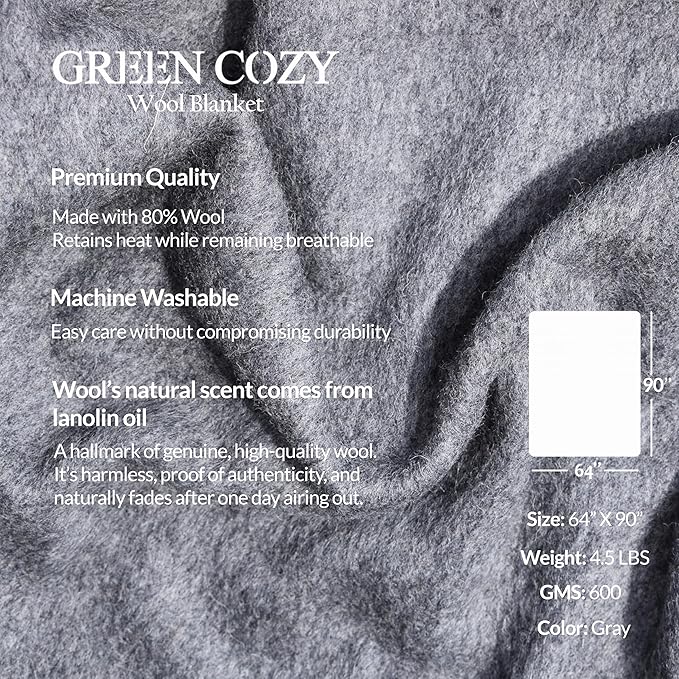 Military Style Wool Blanket – Cushioned, Breathable, Durable, Warm & Washable – Double-Stitched Border – Great for Camping, Outdoor, First Aid, Travel, Car – Fire-Resistant – 64"x90" 4.7lb (Gray)