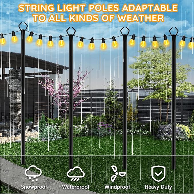 AHRLHR 4 Pack String Light Poles,Poles for Outdoor String lights10 Ft Metal Poles with Fork for Outdoor String Lights,Outdoor Light Poles with Fork,Patio,Deck,Backyard
