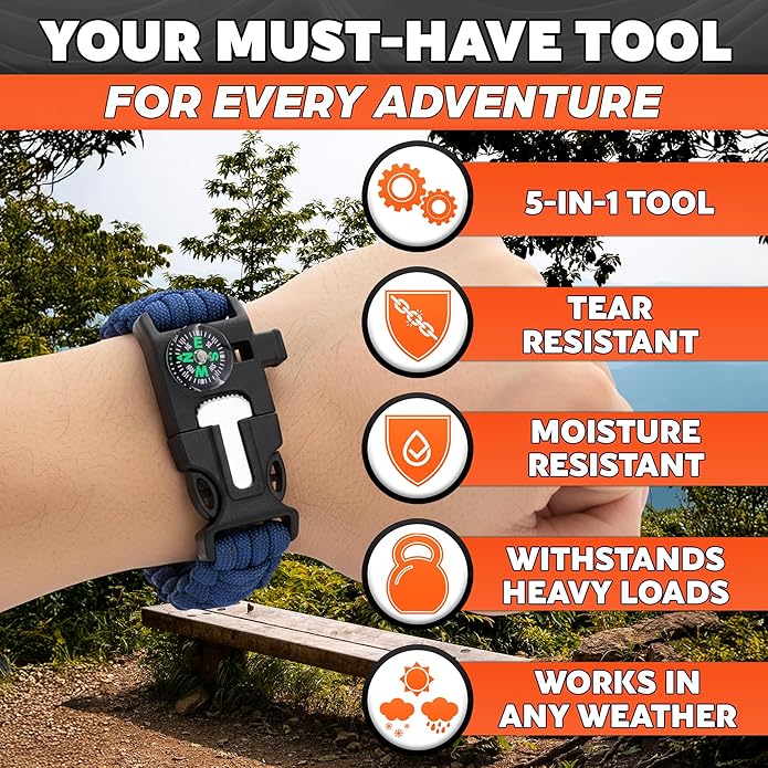 Paracord Bracelets for Men and Women – Adjustable Survival Paracord Bracelet with 10 ft Nylon Survival Cord, Flint Fire Starter, Compass, Whistle & Scraper – Gear for Camping, Hiking, Fishing & Travel