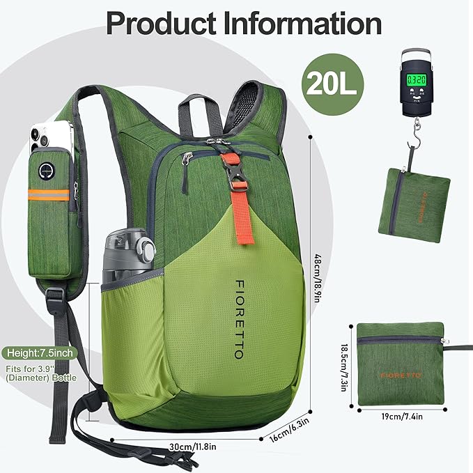 FIORETTO 20L Hiking Backpack for Women Men Mini Packable Backpack Lightweight Small Daypack for Camping Travel Outdoor, Green