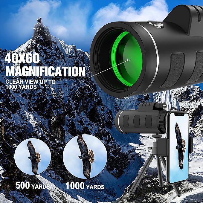 40x60 High Definition Monocular Telescope with Smartphone Adapter, BAK4 Prism FMC Monocular with Clear Low Light Vision for Wildlife Hunting Camping Travelling（LD006-00A-PDQ-1）