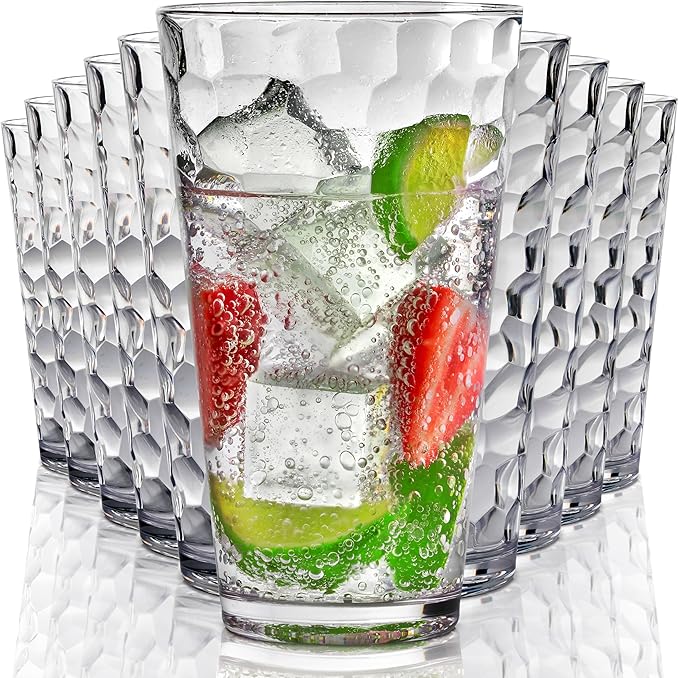 Bravario Hammered Plastic Drinking High Tumbler, Dishwasher-Safe Premium Quality Glasses, BPA-Free Reusable Outdoor Cups, 22 oz Set of 10