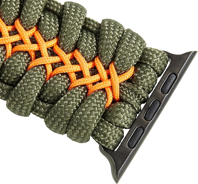 Savior Survival Gear Paracord Watch Band, Compatible with Apple Watch Band 49mm 46mm 45mm 44mm 42mm,iWatch Band Series Ultra 10 9 8 7 6 5 4 3 2 1 SE,Adjustable strap for men ( Green - Orange, X-Large)