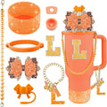 9PCS Orange for Stanley Cup Accessories Set Bling Initials Bow Charms for Stanley Decorations 30/40 Oz Tumbler Accessories Including Bow Straw Topper, Handle Strap, Spill Stopper（Letter L）