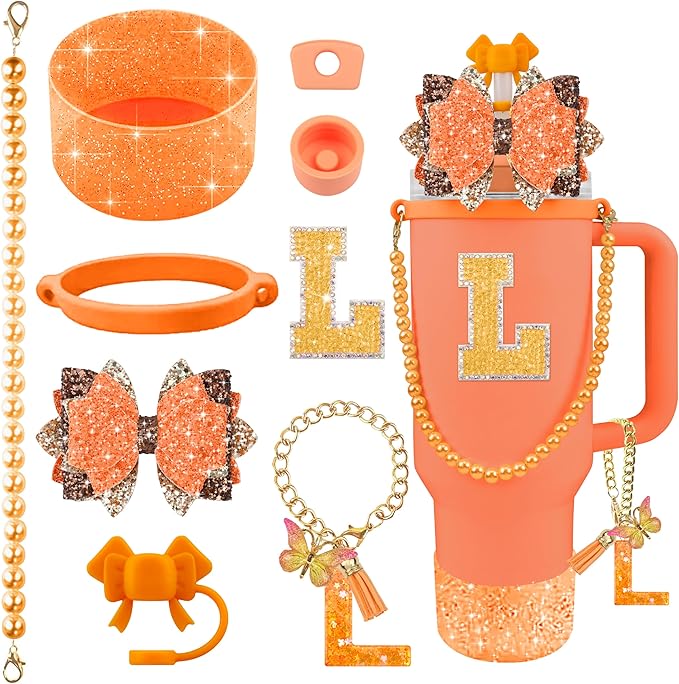 9PCS Orange for Stanley Cup Accessories Set Bling Initials Bow Charms for Stanley Decorations 30/40 Oz Tumbler Accessories Including Bow Straw Topper, Handle Strap, Spill Stopper（Letter L）