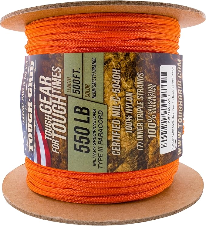 TOUGH-GRID 550 Paracord, Type III Mil-Spec Nylon Rope - 500 Ft Neon Orange Tactical Survival Cord