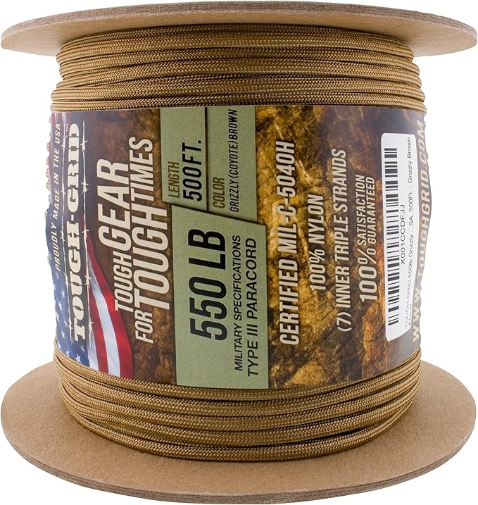 TOUGH-GRID 550 Paracord, Type III Mil-Spec Nylon Rope - 500 Ft Grizzly Brown Tactical Survival Cord