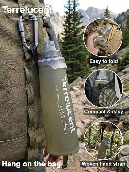 750ML Collapsible Water Bottle with Filter, Squeeze Filtered Water Bottle, BPA-Free, Dual Filtration, Ultralight Water Filter System for Hiking, Camping, Backpacking (Gray, 25.4 OZ)