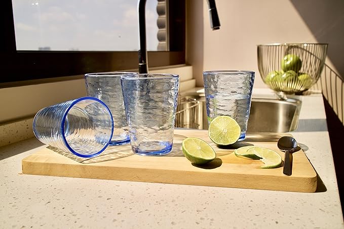 KLIFA- RIPPLE- 16 & 22.5 ounce, Set of 8, Acrylic Tumbler & Highball Drinking Glasses Cups, BPA-Free, Stackable Plastic Drinkware, Dishwasher Safe, Ocean Blue
