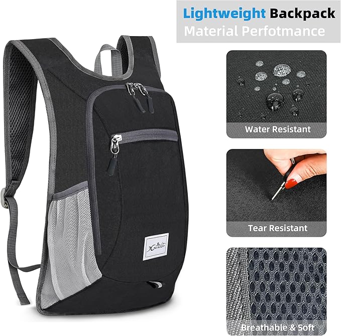 Xgunion Hiking Backpack 10L Small Travel Lightweight Daypack Foldable Hiking Packable Camping Hiking Backpacks for Women Men (Black)