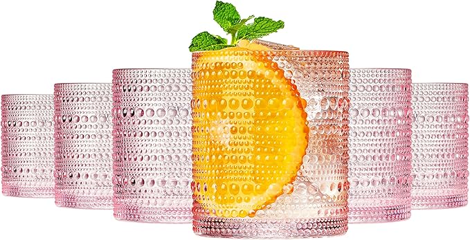 Khen Hobnail Beaded Highball Drinking Tumbler Glasses | Set of 6 | Pastel Pink Color, Vintage Bubble Design Whiskey Glassware, Rocks Glasses