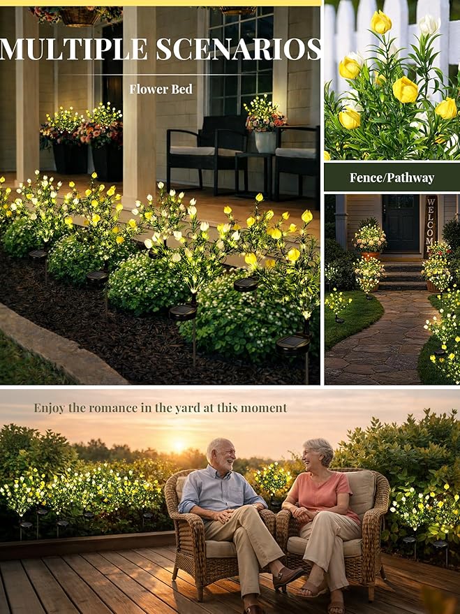 GIGALUMI Solar Garden Lights with Gardenias, 2 Pack LED Garden Decor Carefree Solar Flowers Outdoor Waterproof, Yard Decorations Outdoor, Allergy-Free Light up Flowers for Yard Patio (1white+1yellow)
