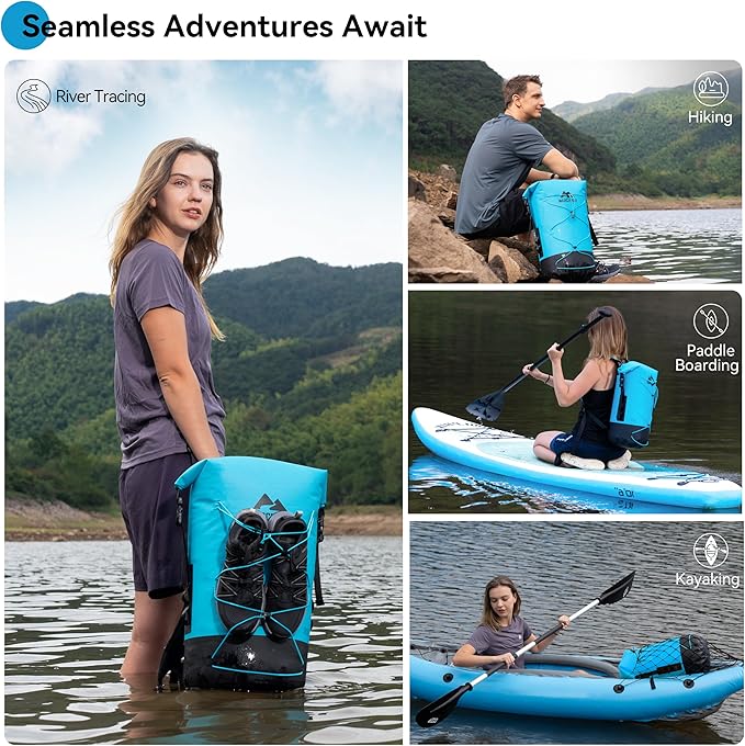 MARCHWAY Floating Roll Top Dry Bag, Flexible Lightweight TPU Waterproof Backpack 20L/30L/40L with Padded Straps for Boating, Kayaking, Swimming, Hiking, Beach (Blue, 20L)