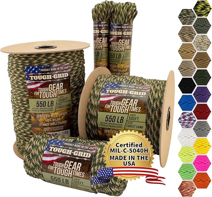 TOUGH-GRID 550 Paracord, Type III Mil-Spec Nylon Rope - 50 Ft Forest Camo Tactical Survival Cord