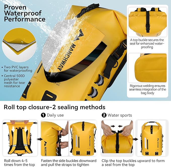 MARCHWAY Roll Top Waterproof Backpack, Floating Dry Bag 20L/30L/45L with Ergonomic Rectangular Base, Cushioned Back, Hip Strap for Hiking Camping Kayaking Travel (Yellow, 30L)
