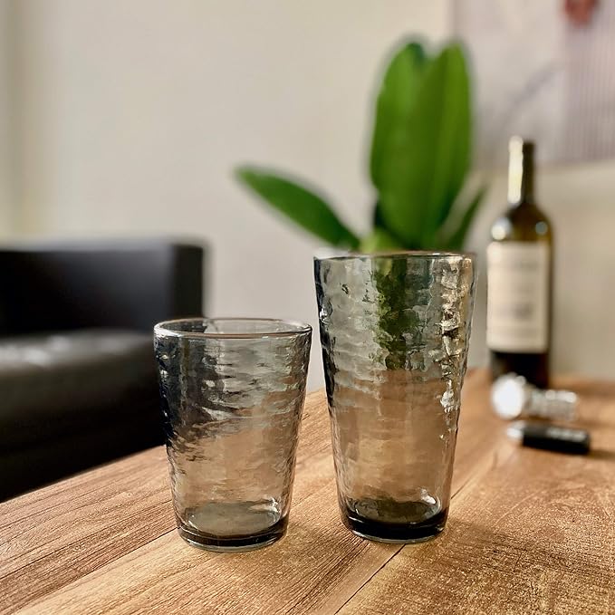 KLIFA- RIPPLE- 16 & 22.5 ounce, Set of 8, Acrylic Tumbler & Highball Drinking Glasses Cups, BPA-Free, Stackable Plastic Drinkware, Dishwasher Safe, Gray-Black