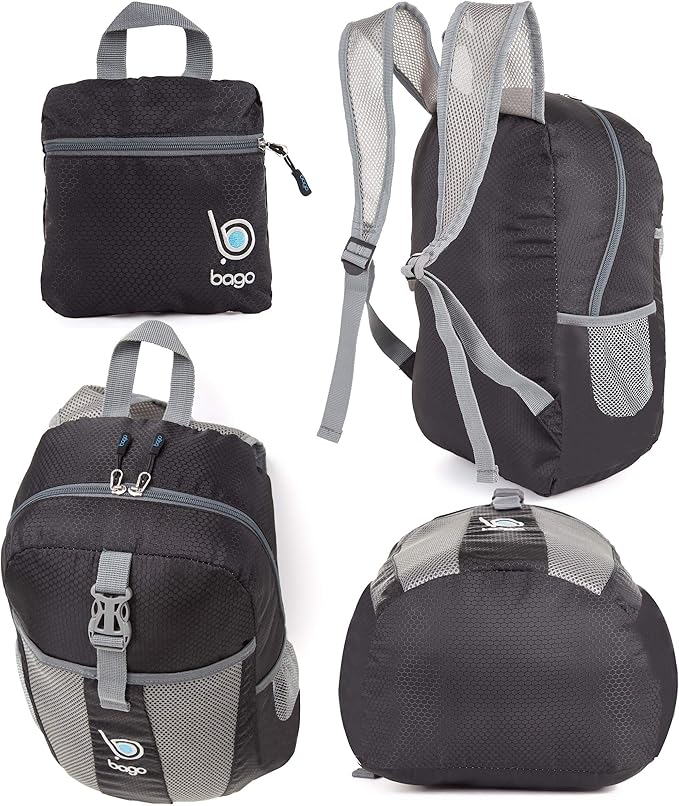 Bago Lightweight Small Hiking Backpack for Women and Men - 25L Travel Day Pack - Foldable Hiking Daypack Ultralight for Camping Outdoor Sports - Day Bag Packable Backpack for Travel (Black)