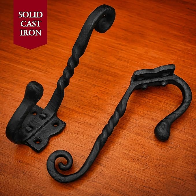 Mystic Colonial Rustic Cast Iron Wall Hooks, Heavy Duty Blackened Vintage Utility Hangers for Coats, Towels, Hats & Bags � Pack of 2, Size 14.4?cm x 14?cm, Mounting Hardware Included