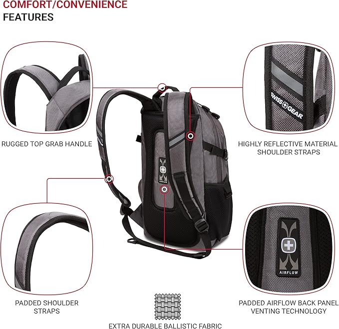 SwissGear 3598 Backpack, Narrow Daypack, Ideal for Commuting and School, Grey Ballistic