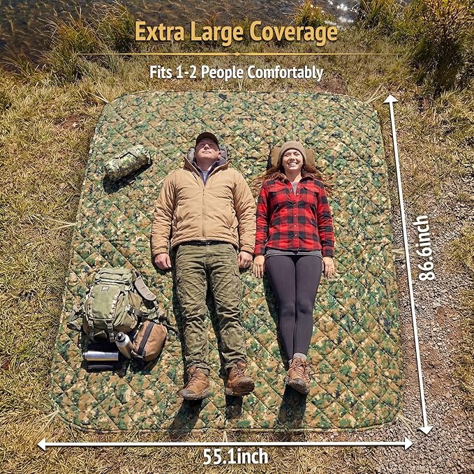 Insulated Camping Blanket | Military Poncho Liner for Hiking Backpacking Travel Hunting & Survival Gear, Water Resistant Outdoor Blanket with Lightweight & Packable Compression Bag (Camo)