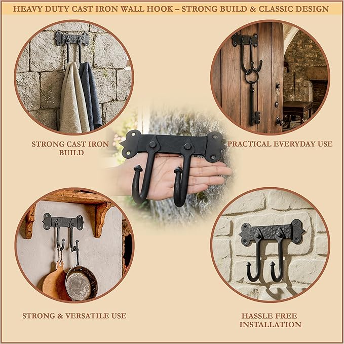 Mystic Colonial Rustic Cast Iron Wall Hanger – Heavy Duty Retro Utility Hooks, Multi-Purpose Wall Mount Hanger for Hanging Coats, Bags, Towels, Robes, Hats & More, Black