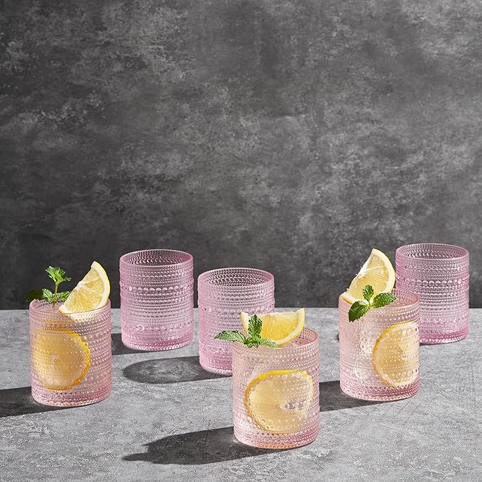 Khen Hobnail Beaded Highball Drinking Tumbler Glasses | Set of 6 | Pastel Pink Color, Vintage Bubble Design Whiskey Glassware, Rocks Glasses