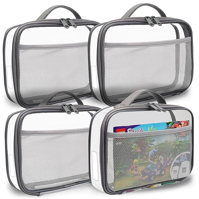 holay 4 Packs PVC Toy Storage Organizer with Zipper, Name Tag & Manual Pocket, Clear Durable Case for Blocks, Clay, Board Games, Travel (Gray, Small)