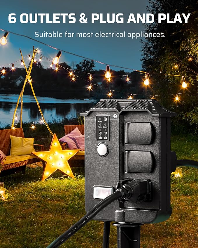 DEWENWILS Outdoor Power Stake Timer Waterproof, 6 Grounded Outlets, 6FT Extension Cord, 100FT Wireless Remote Control, Photocell Dusk to Dawn Timer for Lights, Yard, Garden, UL Listed, Black