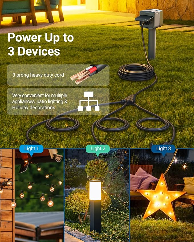 DEWENWILS Outdoor Extension Cord 1 to 3 Splitter, Total 52FT, 13A 125V 1625W 16/3C SJTW Extension Cord Heavy Duty Extension Cord for Holiday Light, Outdoor String Light, ETL Listed (Black), 1 Pack