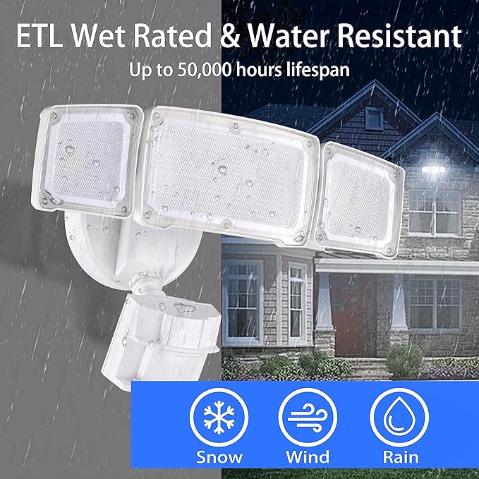 40W LED Security Lights Motion Sensor Light Outdoor, 180 Degree, 4000LM, 5000K, ETL Water Resistant, 3 Head Motion Detected Flood Light for Garage, Yard, Porch (White)