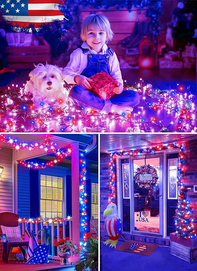 Minetom Red White Blue Lights, 2Pack Total 200 LED 80FT 4th of July Patriotic Lights 8 Modes, Waterproof Solar String Lights Outdoor,Solar String Lights for Outside Independence Day Memorial Day Decor