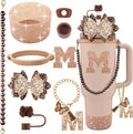 9PCS Brown for Stanley Cup Accessories Set Bling Initials Bow Charms for Stanley Decorations 30/40 Oz Tumbler Accessories Including Bow Straw Topper, Handle Strap, Spill Stopper（Letter M）