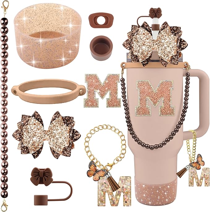 9PCS Brown for Stanley Cup Accessories Set Bling Initials Bow Charms for Stanley Decorations 30/40 Oz Tumbler Accessories Including Bow Straw Topper, Handle Strap, Spill Stopper（Letter M）