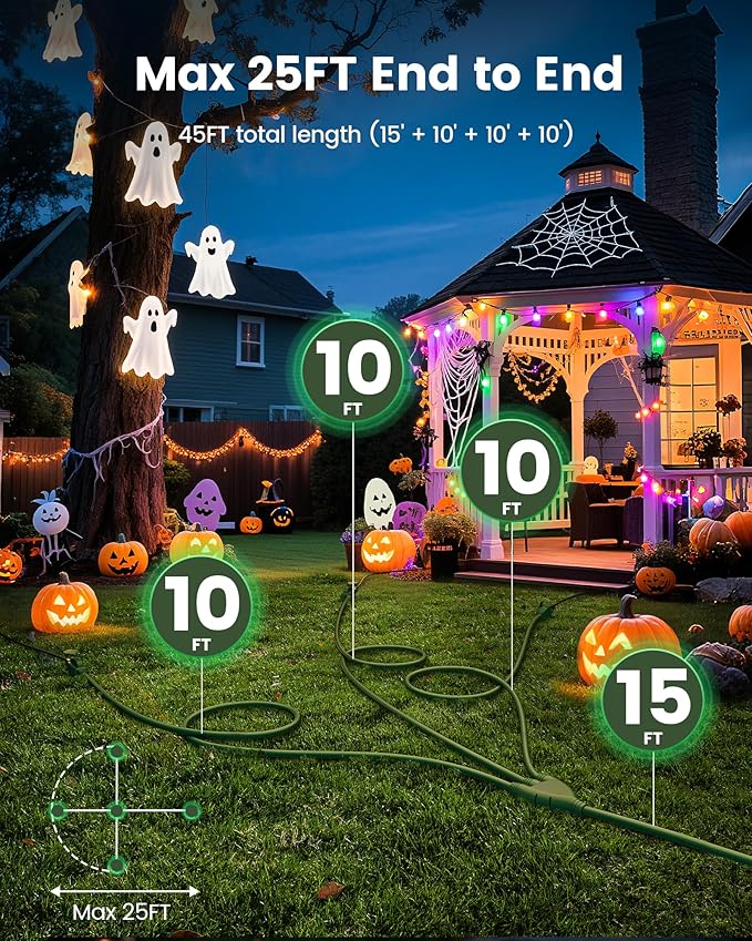 SURAIELEC Outdoor Extension Cord with Multiple Outlets, (15+10+10+10) 45FT Total, 25FT End to End, 1-3 Multi Plug Splitter, 16/3C SJTW, for Landscape, Christmas Lights, Halloween Decorations, Green