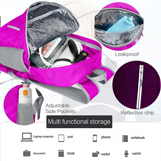 Waterproof Foldable Backpack Dry Storage Lightweight Daypack 35L Outdoor Backpack for Beach Men Women Hot Pink