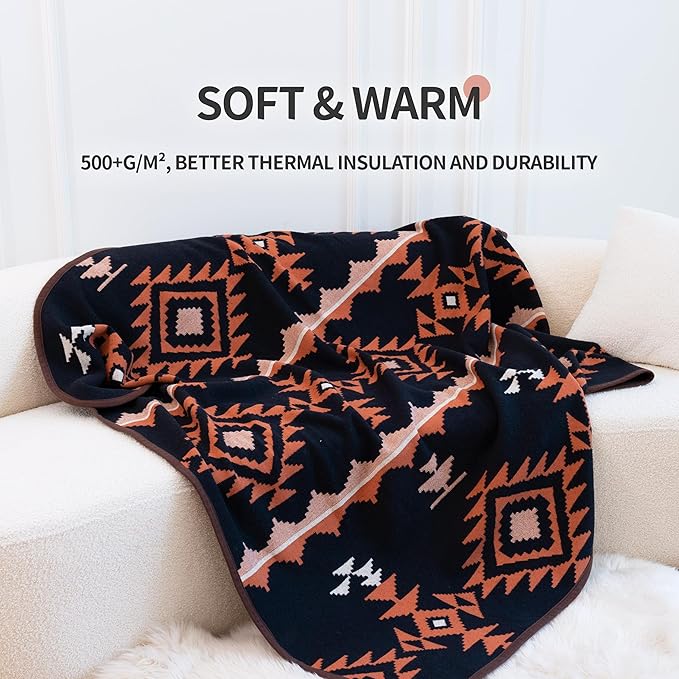 ACUSHLA Merino Wool Blend Blanket - Soft Warm Thick Washable Bed Couch Outdoor Camp Travel Car Blanket Throw All Weather, Morocco Navy Blue 63"x51"