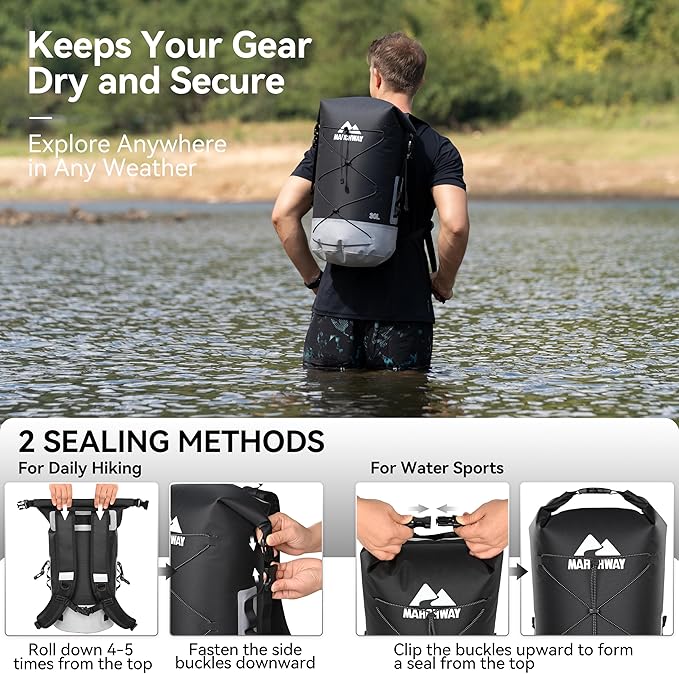 MARCHWAY Floating Roll Top Dry Bag, Flexible Lightweight TPU Waterproof Backpack 20L/30L/40L with Padded Straps for Boating, Kayaking, Swimming, Hiking, Beach (Black, 20L)
