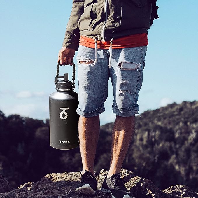 Trebo One Gallon Water Bottle Insulated with Paracord Handle,128oz Stainless Steel Sports Large Jug Food-grade Triple Wall Vacuum with Straw Spout Handle Lids, Leakproof Keep Cold & Hot, Dark Gray