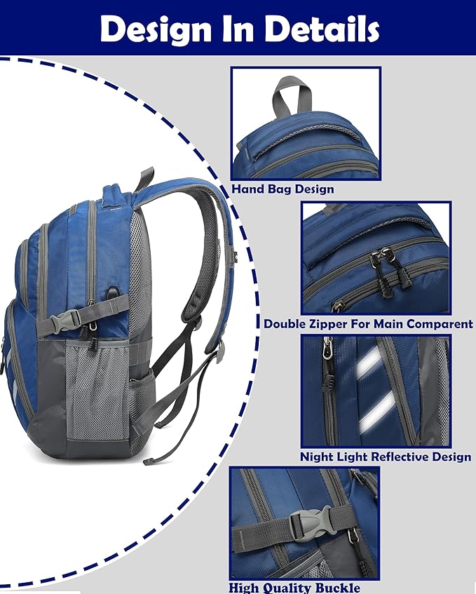 ProEtrade Extra Large Backpack Bookbag for College Laptop Travel, Fit Laptop Up to 17 inch with USB Charging Port Multi Compartment Anti theft, Gift for Women Men (Blue)