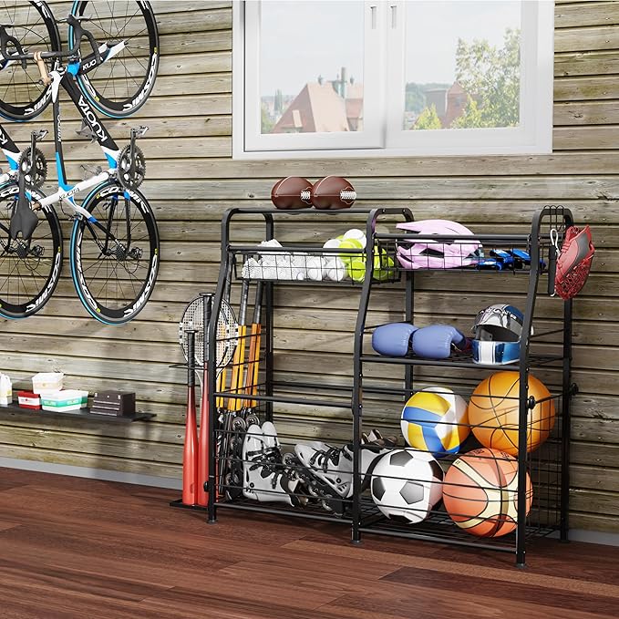 Garage Sports Equipment Organizer with Wheels - Ball Storage Rack with Elastic Rope or Wire Mesh,Garage Organizer System,Indoor/Outdoor Sports Rack for Sports Gear and Toys Storage,Black