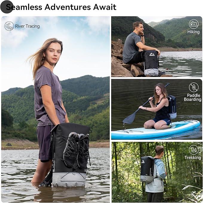 MARCHWAY Floating Roll Top Dry Bag, Flexible Lightweight TPU Waterproof Backpack 20L/30L/40L with Padded Straps for Boating, Kayaking, Swimming, Hiking, Beach (Black, 20L)