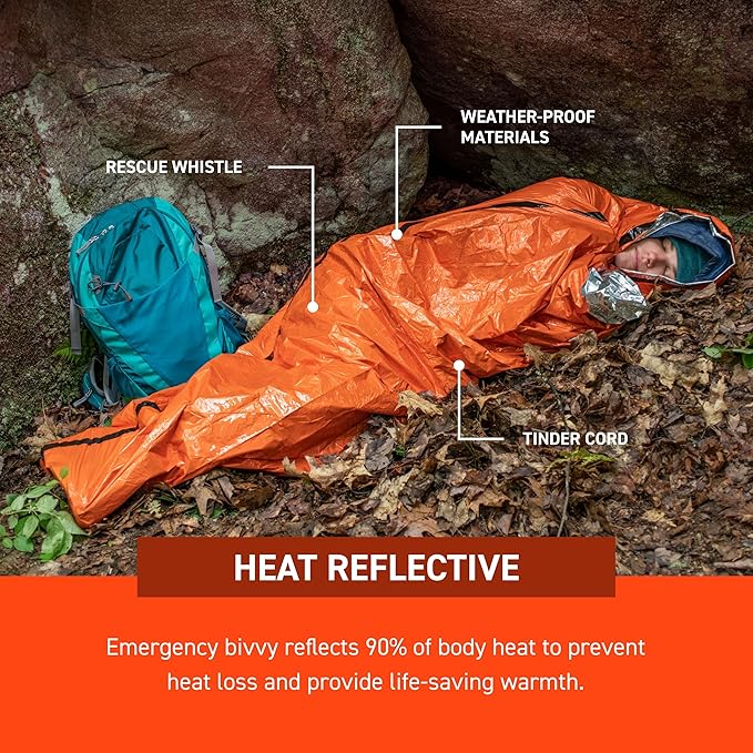 Survive Outdoors Longer 90% Emergency Bivvy - Comes with Survival Whistle & Tinder Paracord Drawstring - Add to Emergency Kit & Hiking Gear - Waterproof, Windproof & Tear-Resistant