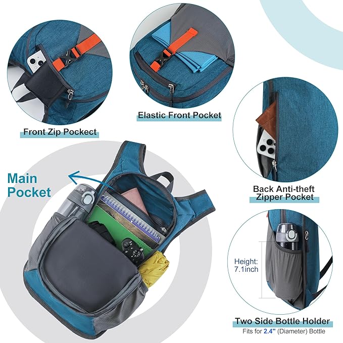 FIORETTO 15L Hiking Backpack for Women Men Mini Packable Backpack Lightweight Small Daypack for Camping Travel Outdoor, Turquoise
