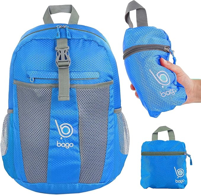 Bago Lightweight Small Hiking Backpack for Women and Men - 25L Travel Day Pack - Foldable Hiking Daypack Ultralight for Camping Outdoor Sports - Day Bag Packable Backpack for Travel (Blue)