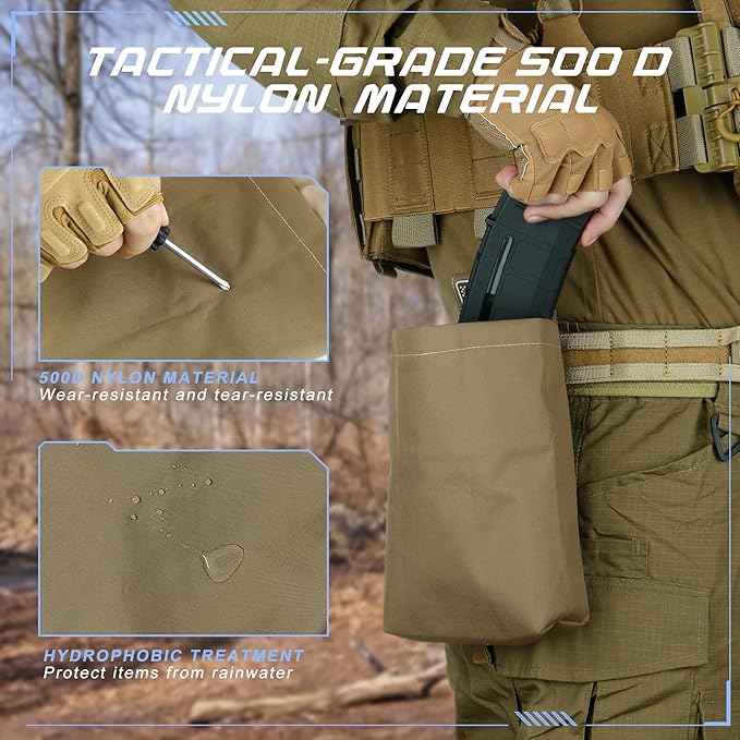 Tactical Dump Pouch for Battle Belt & MOLLE Systems | Foldable Mag Pouch with Drawstring Closure | for Hunting, Duty, Paintball | Includes Flag Patch