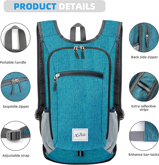 Xgunion Hiking Backpack 10L Small Travel Lightweight Daypack Foldable Hiking Packable Camping Hiking Backpacks for Women Men (Teal Blue)