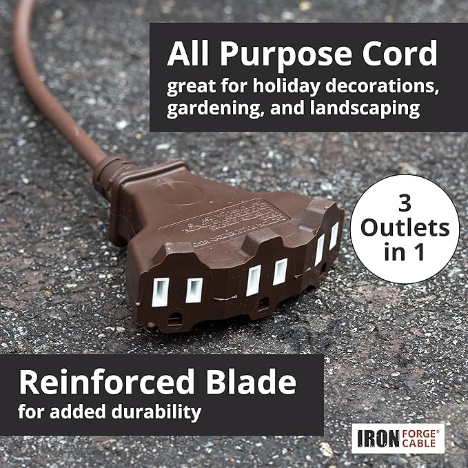 Iron Forge Cable 75ft Brown Outdoor Extension Cord with 3 Outlets - 16/3 SJTW 75ft Extension Cord 3 Prong, 10 Amp All-Weather Heavy Duty Power Cable