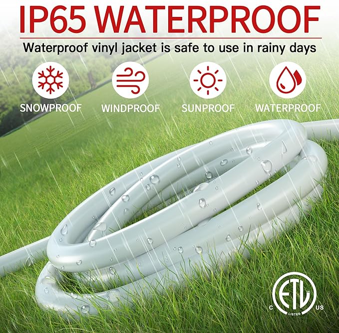 16/3 13A 125V 1625W 30 FT Outdoor Extension Cord Waterproof, Weatherproof & Flame Retardant White 3 Prong Power Cord Outside for Lawn & Garden,125 VAC 16AWG SJTW, ETL Listed