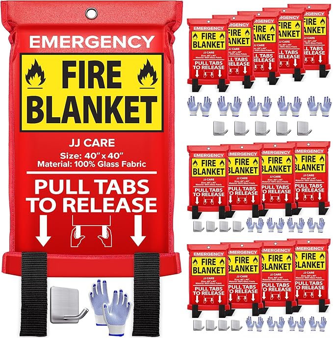 JJ CARE Fire Blanket – 14 Packs with Hooks and Gloves – 40"x40"-Emergency Fire Blanket for Home & Kitchen, High Heat Resistant Fire Suppression Blankets for Home Safety, Kitchen, and Camping