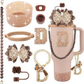9PCS Brown for Stanley Cup Accessories Set Bling Initials Bow Charms for Stanley Decorations 30/40 Oz Tumbler Accessories Including Bow Straw Topper, Handle Strap, Spill Stopper（Letter D）